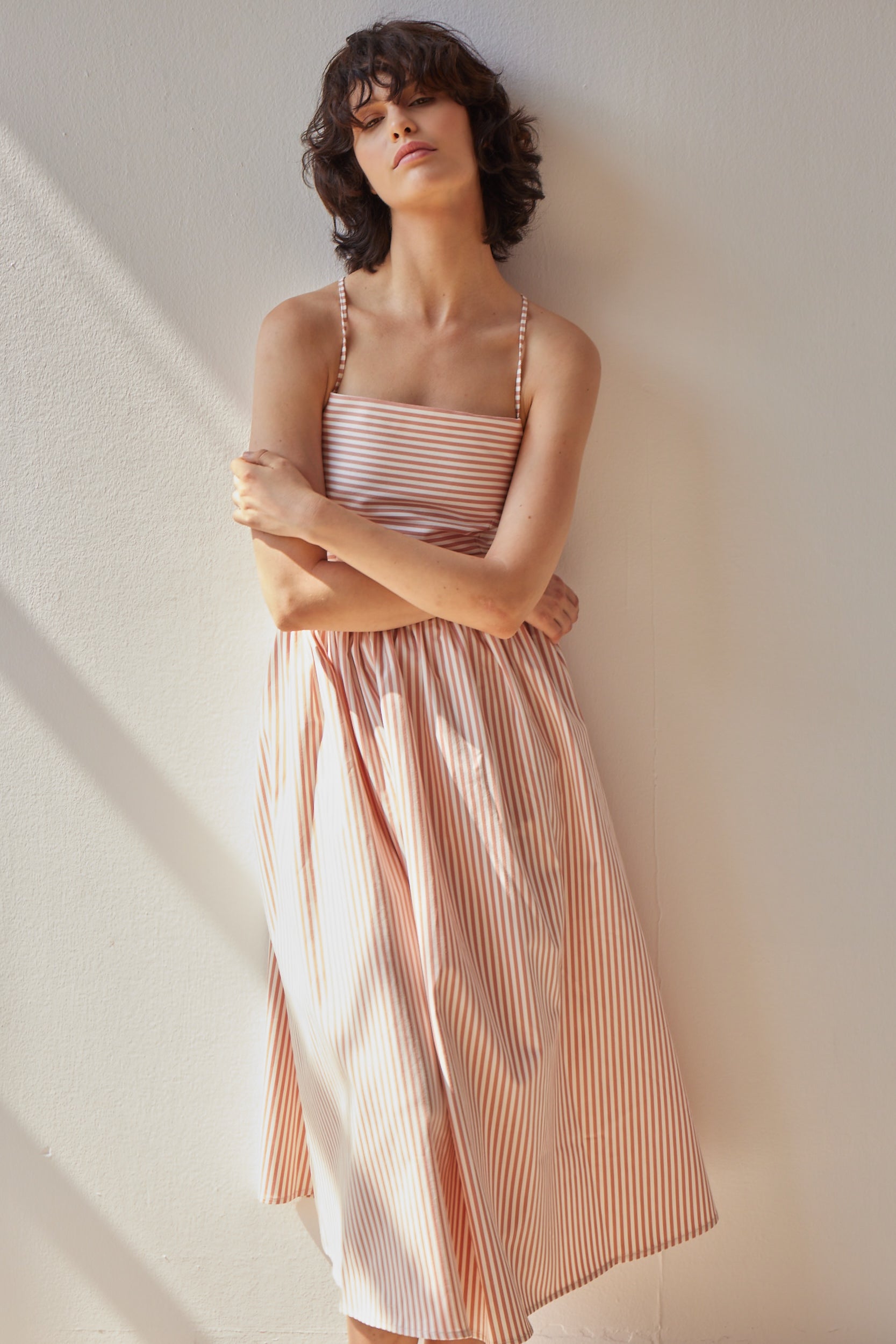 Beth Dress - Pink Stripes on model 