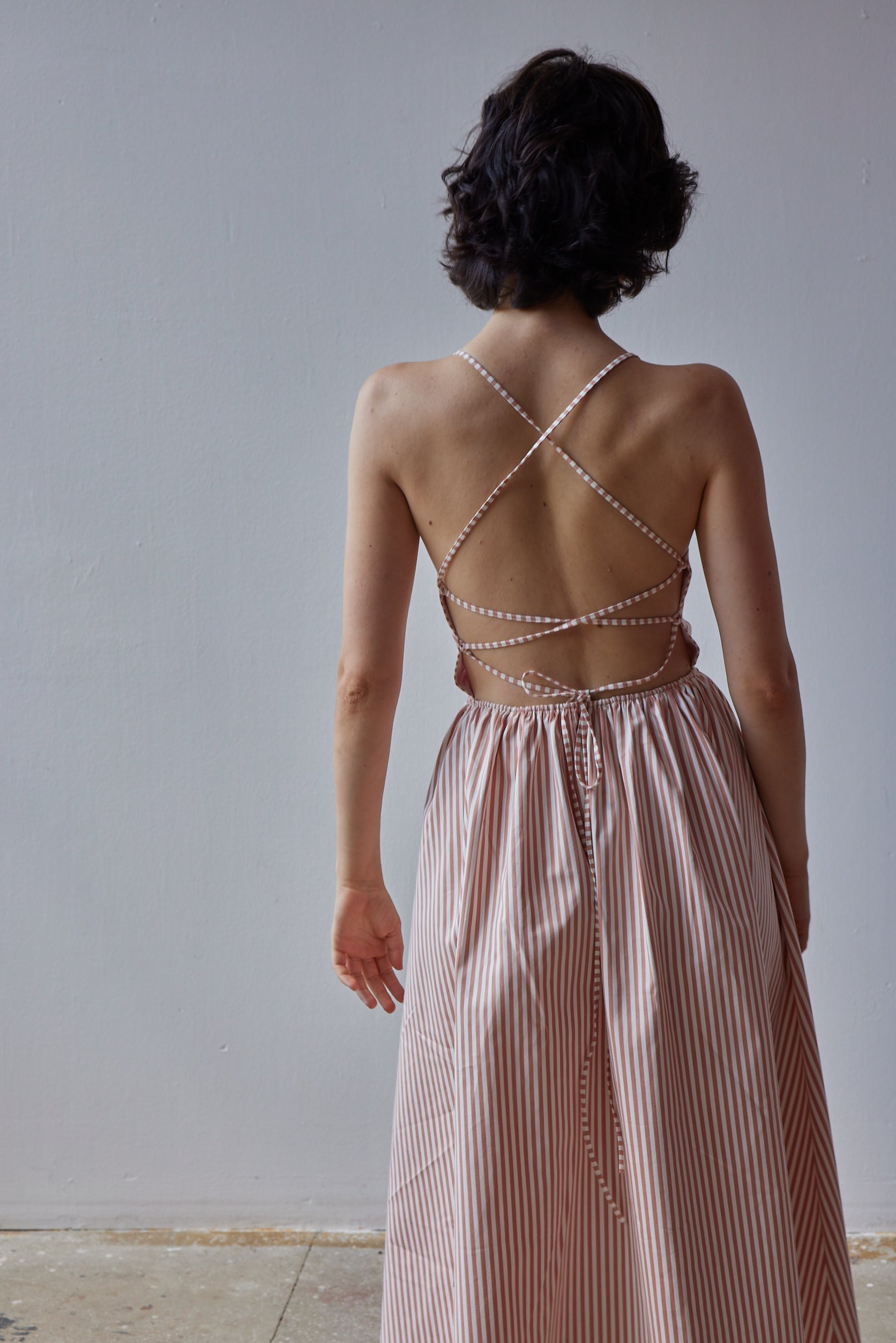 Beth Dress - Pink Stripes back of dress showing straps