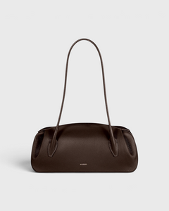 JONES + CO Oyster shoulder bag in espresso pebble grained leather with a sleek, structured design.