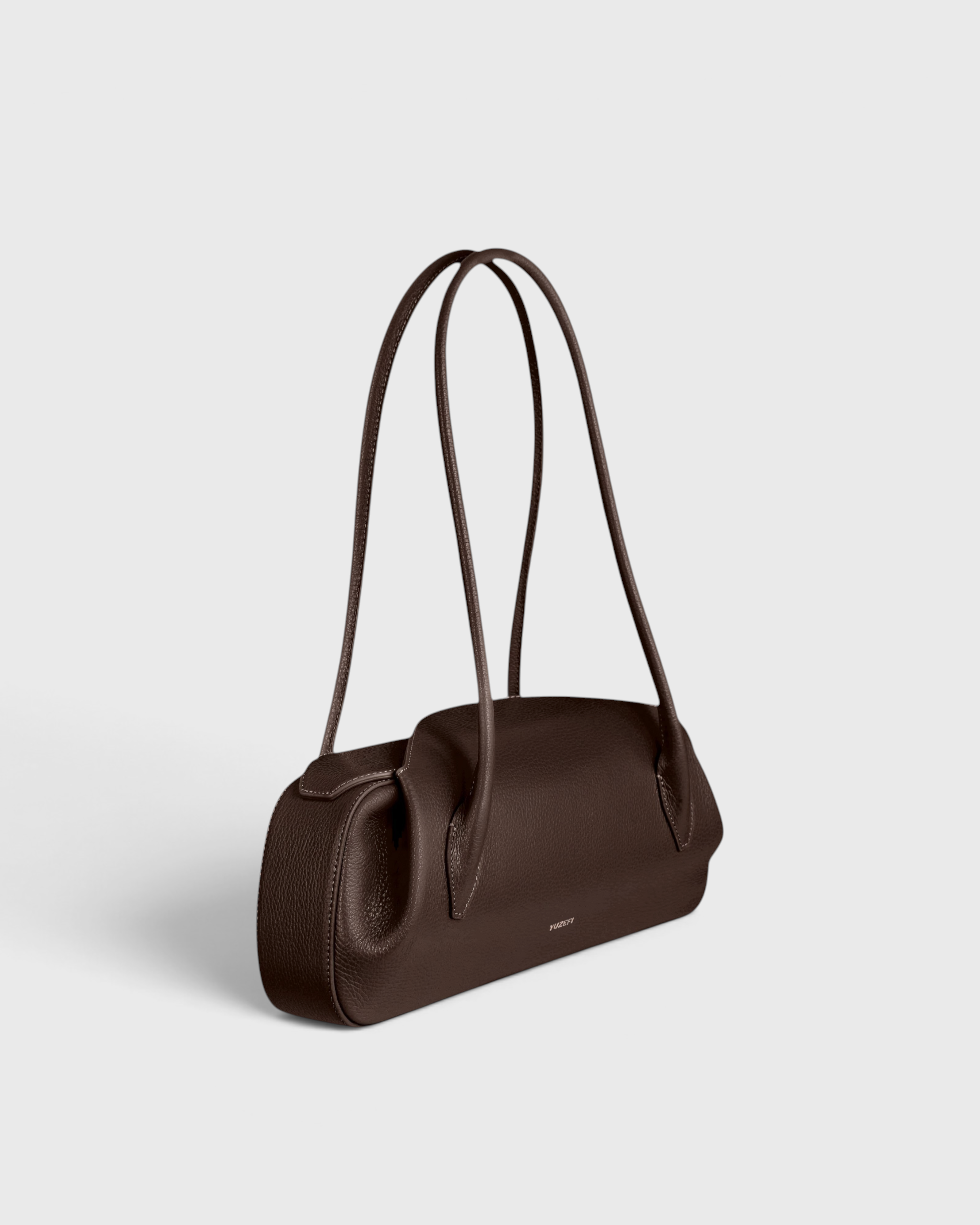 JONES + CO Oyster shoulder bag in espresso pebble grained leather with long handles, side view