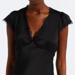 Faithfull the Brand Mina Midi Dress in Black - lace-trimmed V-neckline and cap sleeve detail