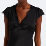 Faithfull the Brand Mina Midi Dress in Black - lace-trimmed V-neckline and cap sleeve detail