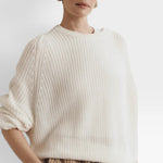 JONES + CO bone white cotton knit crew neck sweater with relaxed sleeves and cropped silhouette