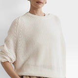 JONES + CO bone white cotton knit crew neck sweater with relaxed sleeves and cropped silhouette