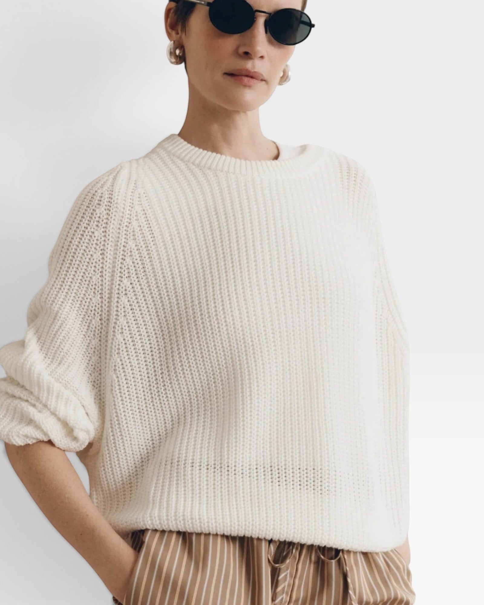 JONES + CO bone white cotton knit crew neck sweater with relaxed sleeves and cropped silhouette