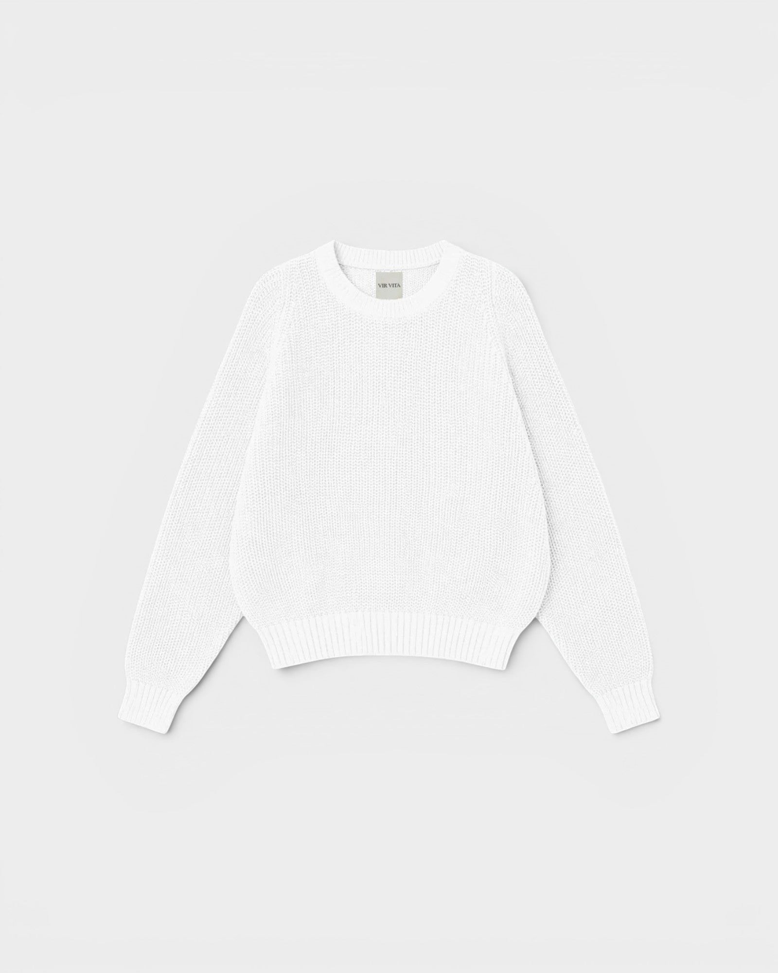 JONES + CO Pia Cotton Sweater in bone white. Features a crew neckline, relaxed sleeves, and cropped silhouette.