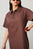 Close up top view of Polo Shirtdress - Chocolate Linen