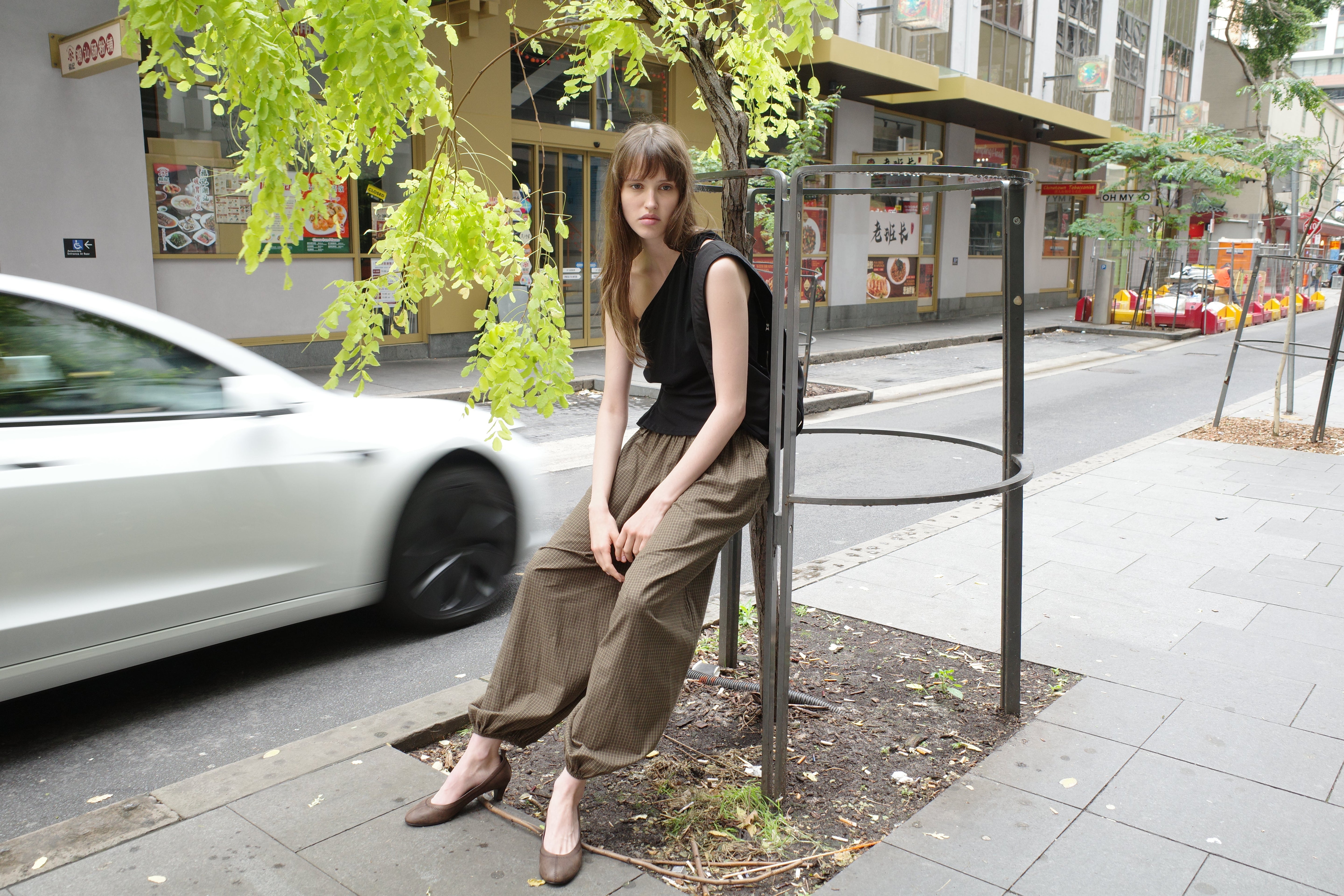 Deiji Studios Balloon Pant in Garden Check - campaign image