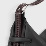 JONES + CO Rider M Elche black leather bag with a unique hand-braided dark brown strap and silver hardware detail.