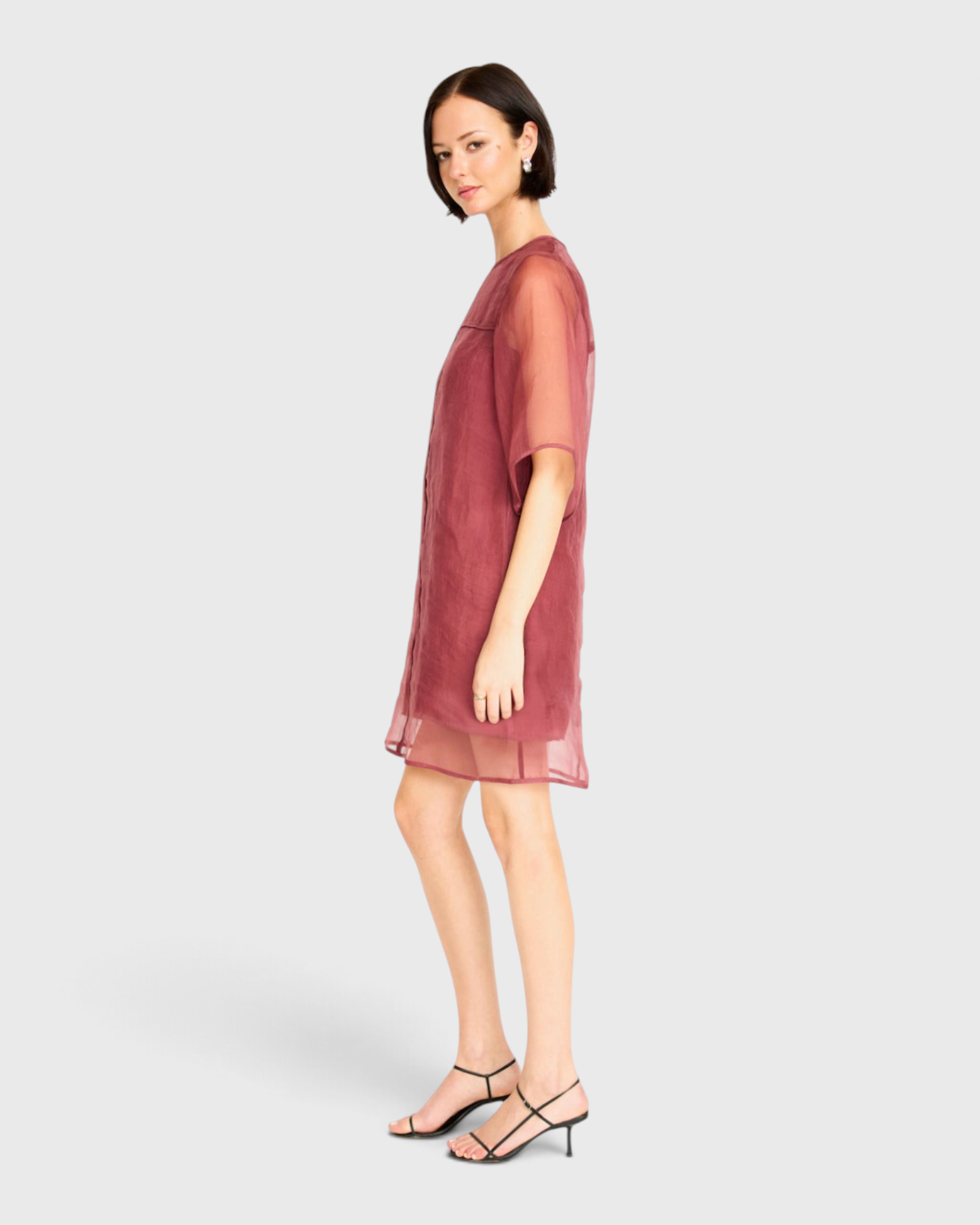 MIRTH Umbria Organza Dress in Dark Cerise — worn, side view