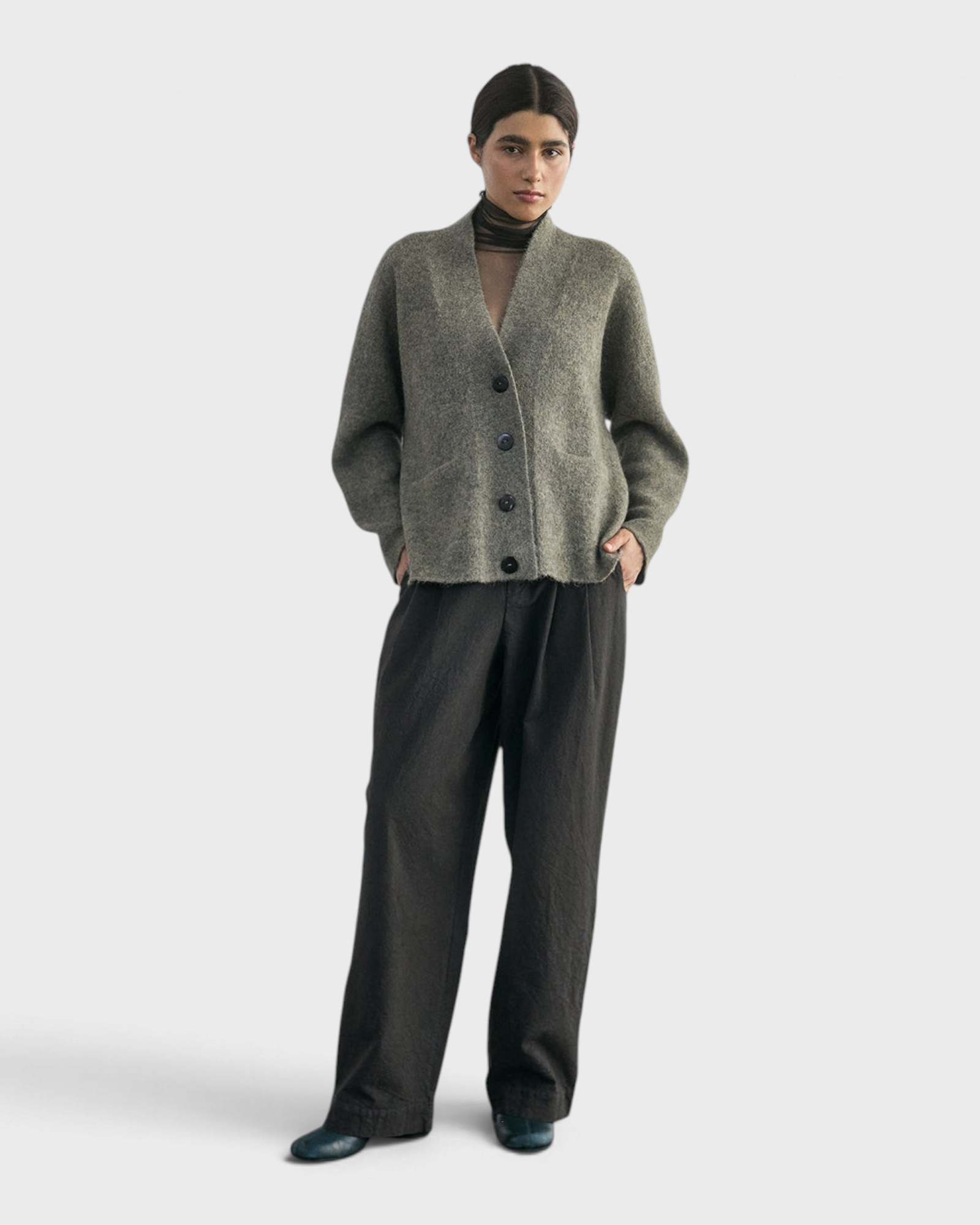 SISA Felted Alpaca Cardigan in Moss, full-length front view