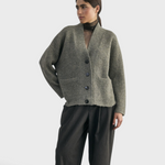 SISA Felted Alpaca Cardigan in Moss, full-length front view worn open