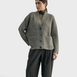 SISA Felted Alpaca Cardigan in Moss, full-length front view worn open