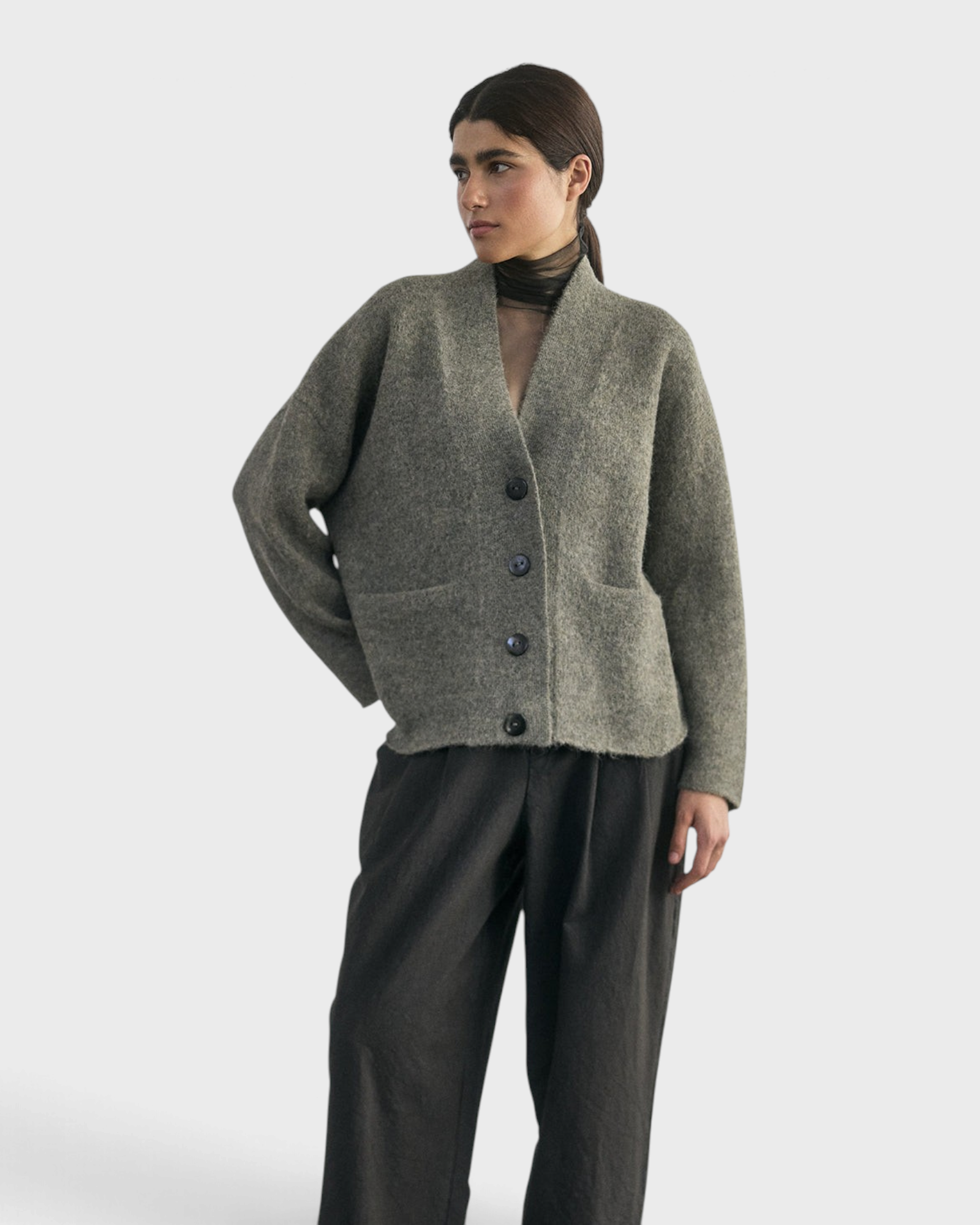 SISA Felted Alpaca Cardigan in Moss, full-length front view worn open