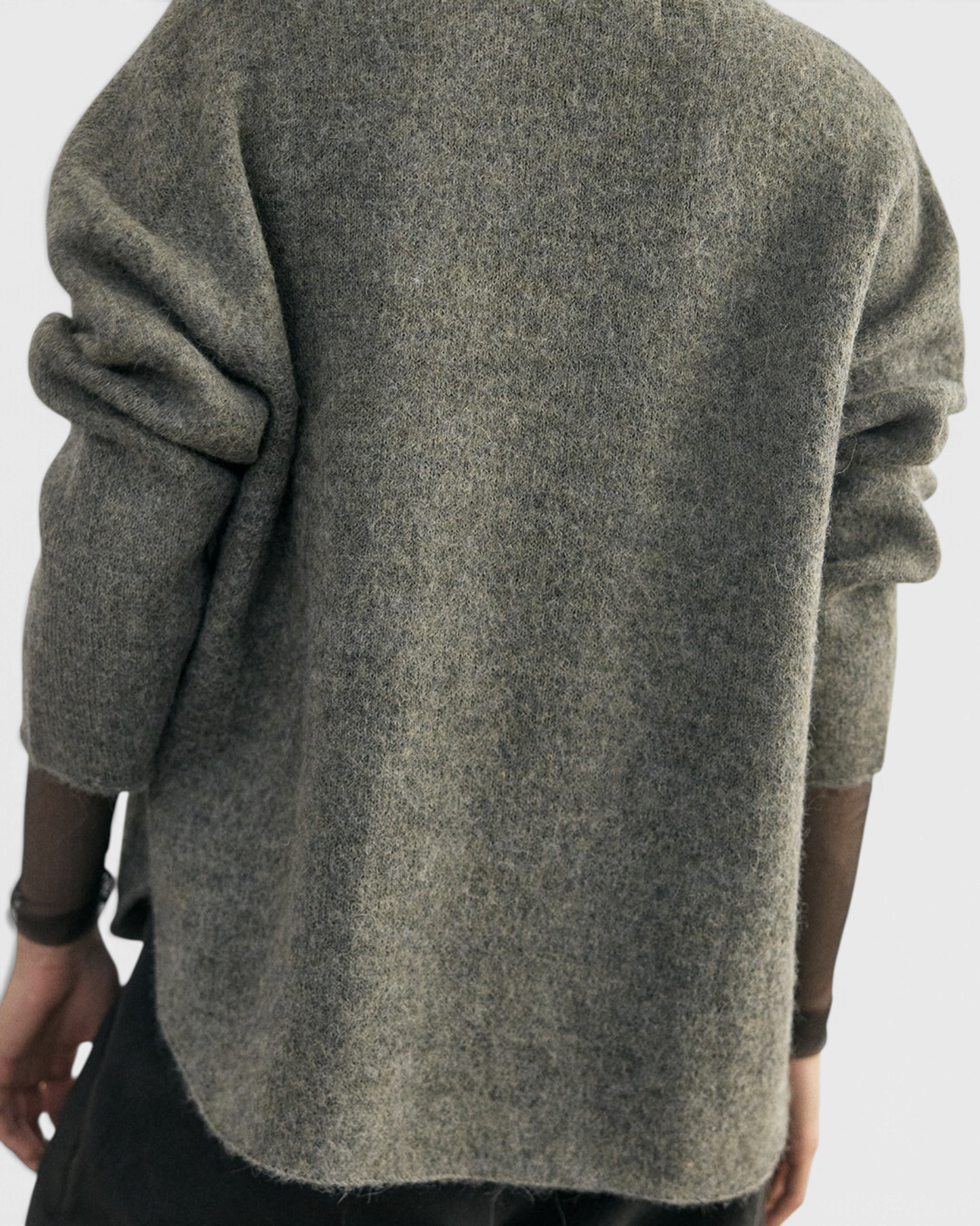 SISA Felted Alpaca Cardigan in Moss, back view showing the curved hem