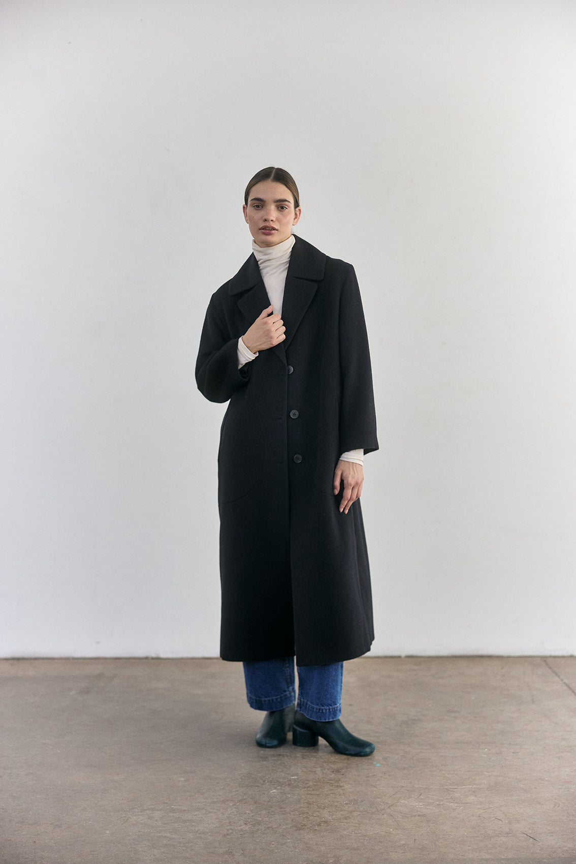 SISA Notch Collar Long Baby Alpaca Coat in Midnight