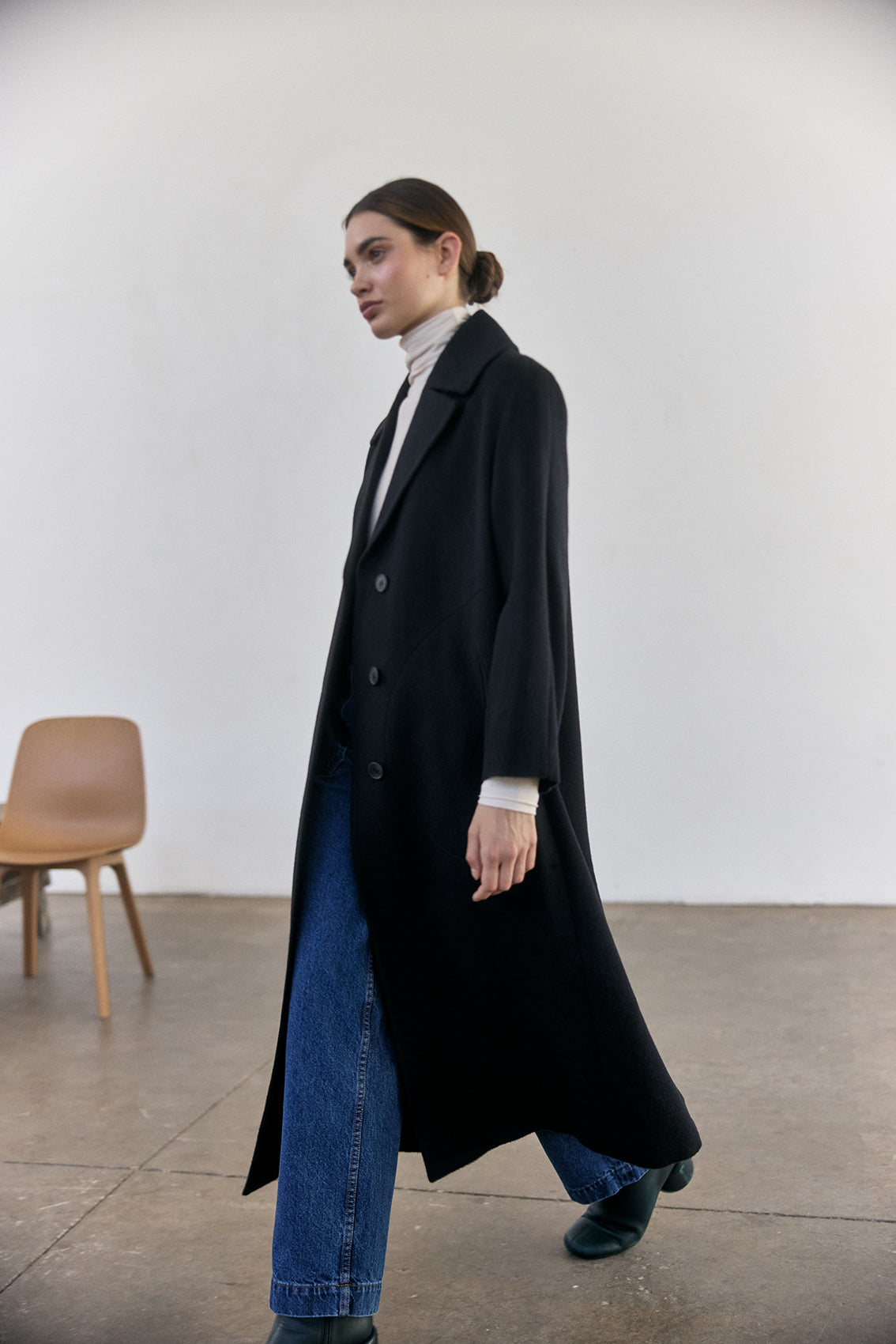 SISA Notch Collar Long Baby Alpaca Coat in Midnight