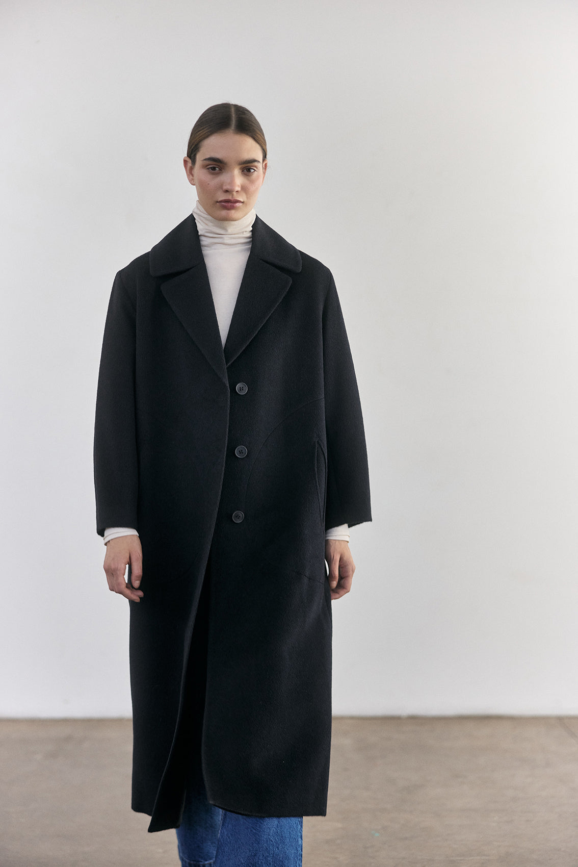 SISA Notch Collar Long Baby Alpaca Coat in Midnight