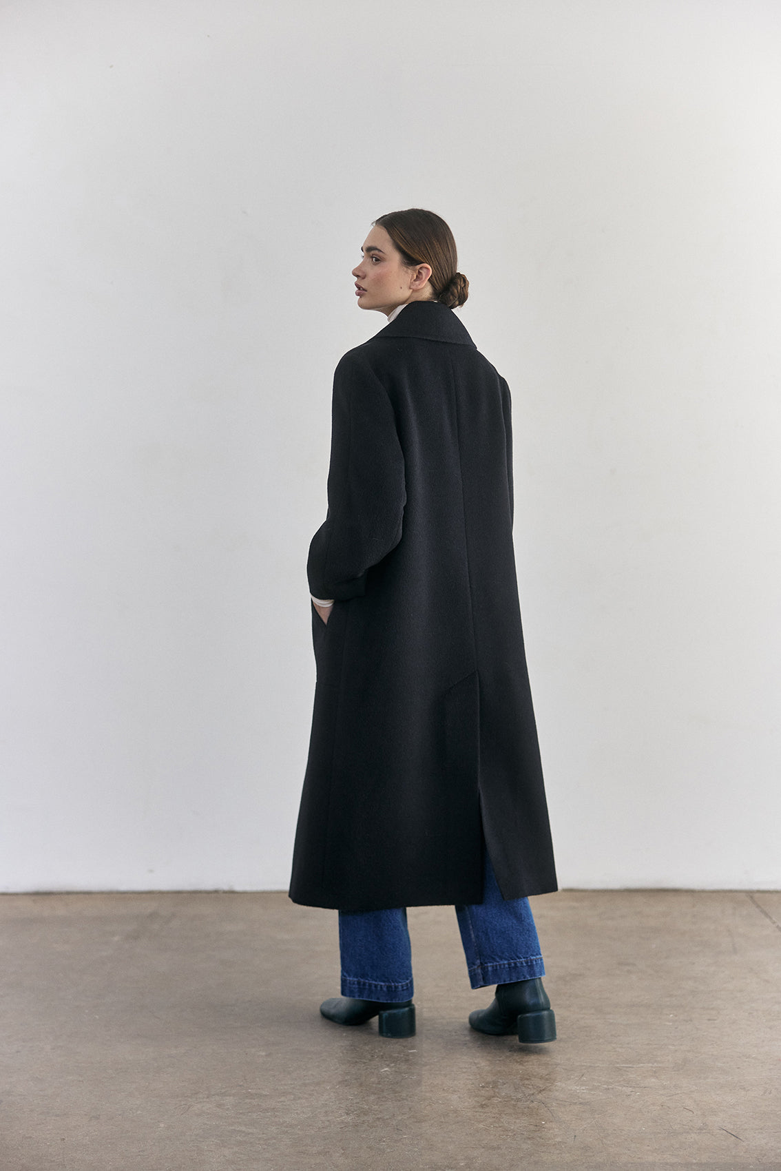 SISA Notch Collar Long Baby Alpaca Coat in Midnight - back view