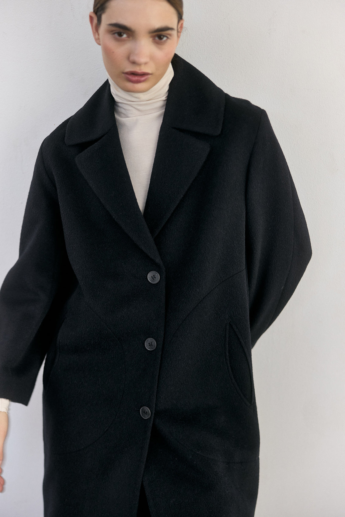 SISA Notch Collar Long Baby Alpaca Coat in Midnight - collar detail