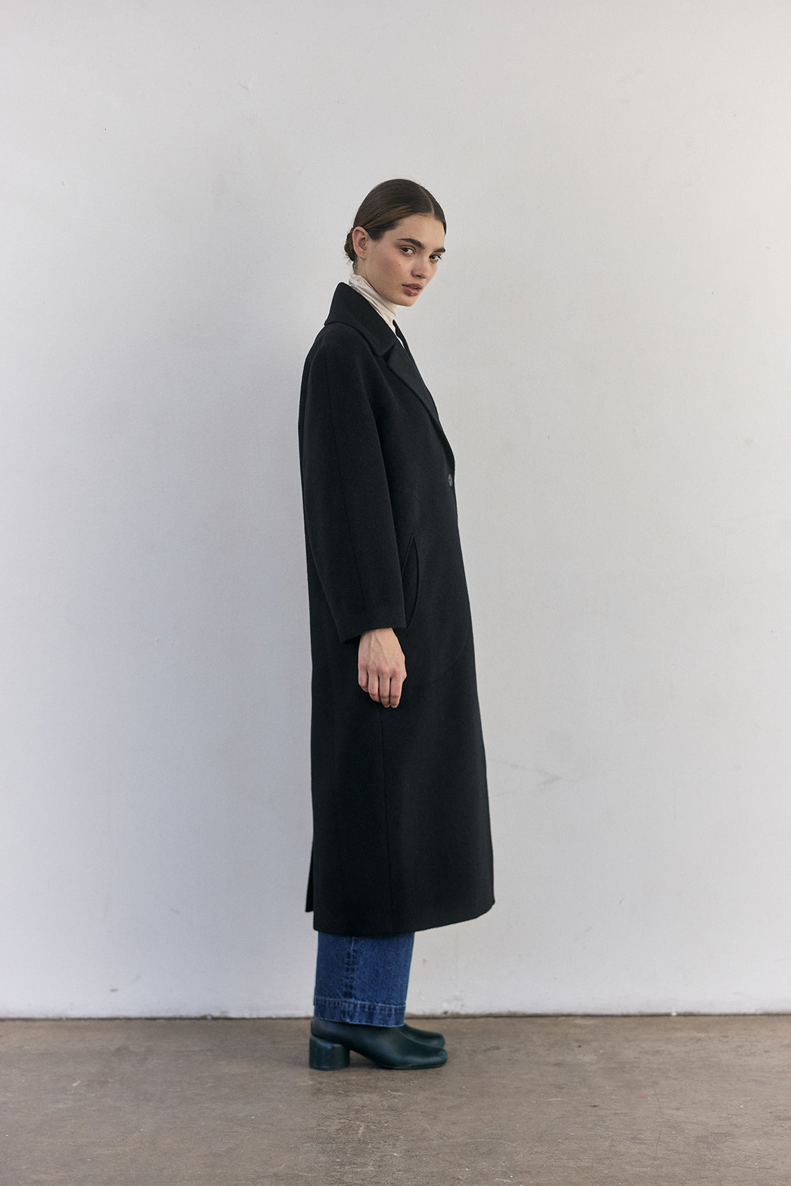 SISA Notch Collar Long Baby Alpaca Coat in Midnight