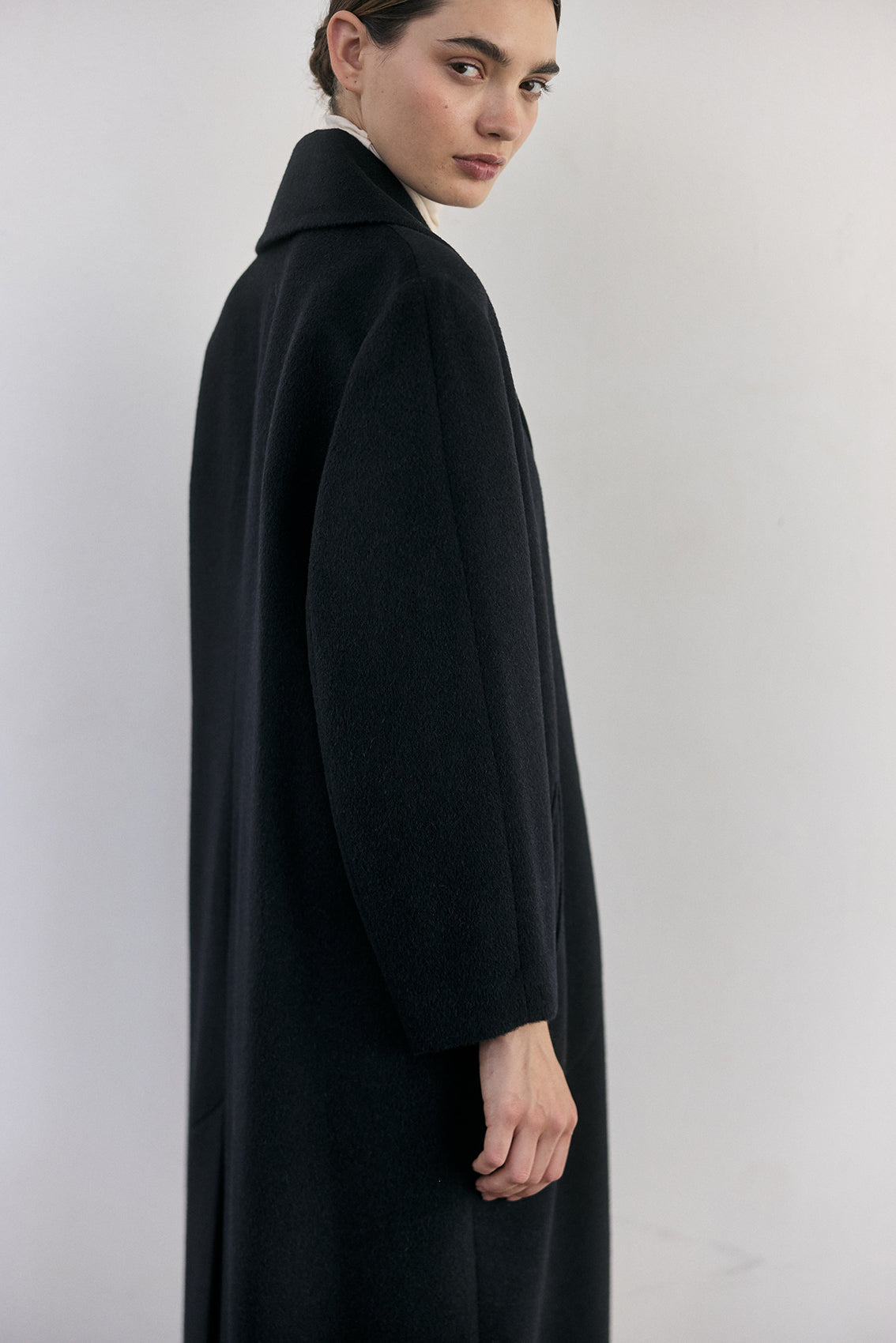 SISA Notch Collar Long Baby Alpaca Coat in Midnight