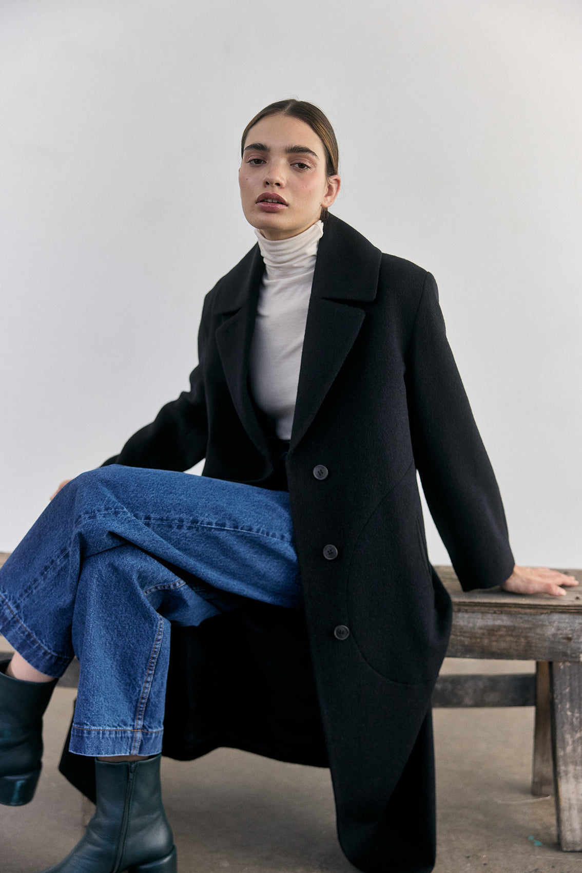 SISA Notch Collar Long Baby Alpaca Coat in Midnight