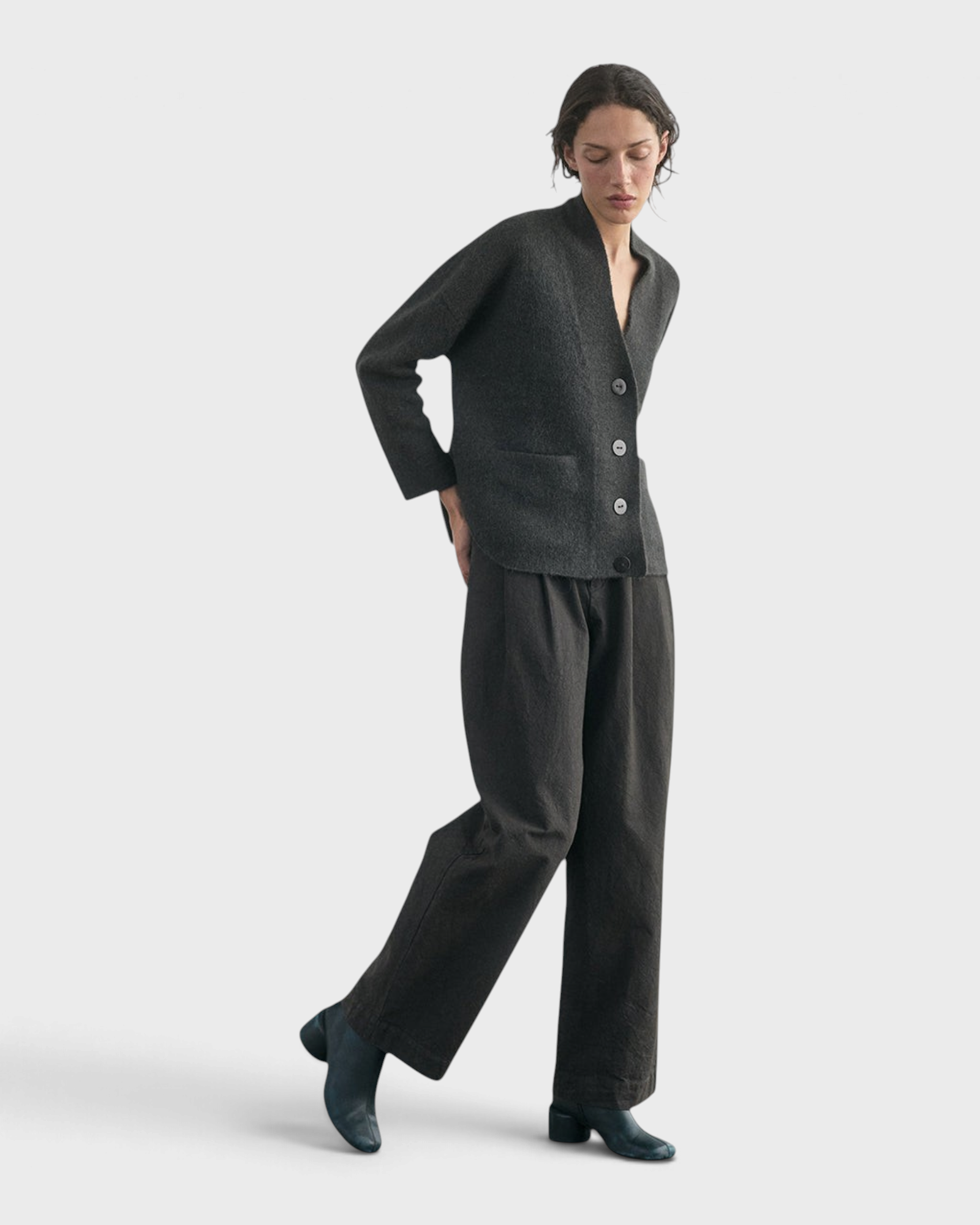 SISA Felted Alpaca Cardigan in Slate, full-length three-quarter view