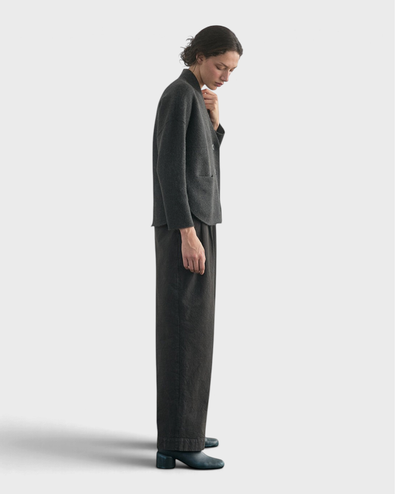 SISA Felted Alpaca Cardigan in Slate, full-length side view