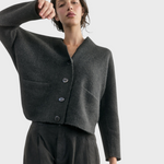 SISA Felted Alpaca Cardigan in Slate, front view worn open