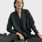SISA Felted Alpaca Cardigan in Slate, seated front view showing the open front