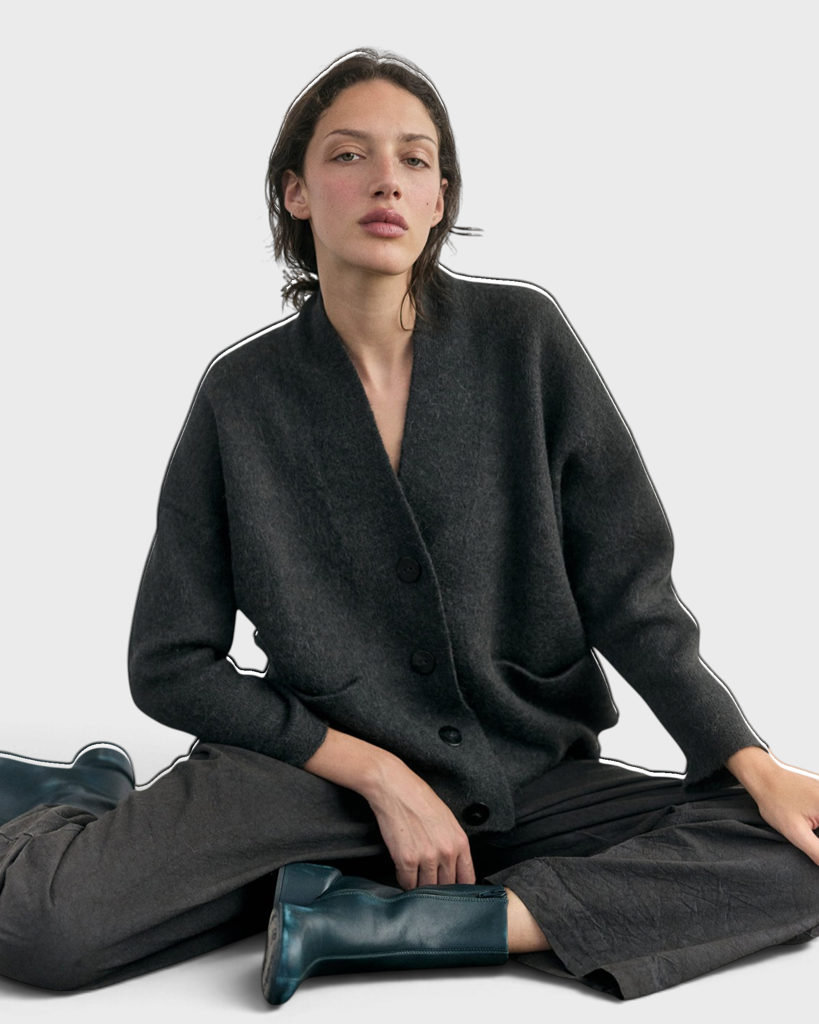 SISA Felted Alpaca Cardigan in Slate, seated front view showing the open front