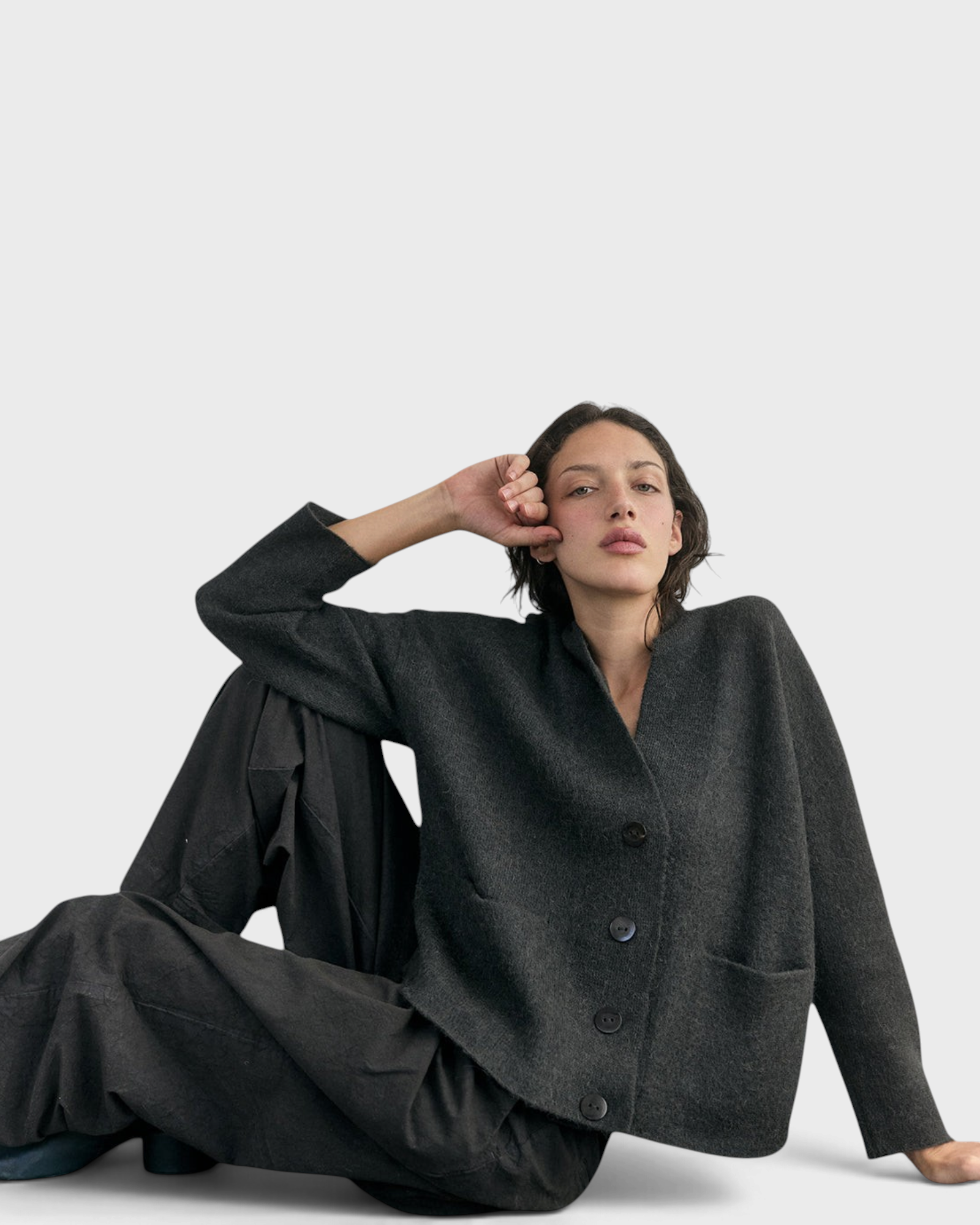 SISA Felted Alpaca Cardigan in Slate, front view showing the relaxed body