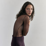 SISA Silk Tulle Beatle in Eggplant, three-quarter back view showing the sheer silk