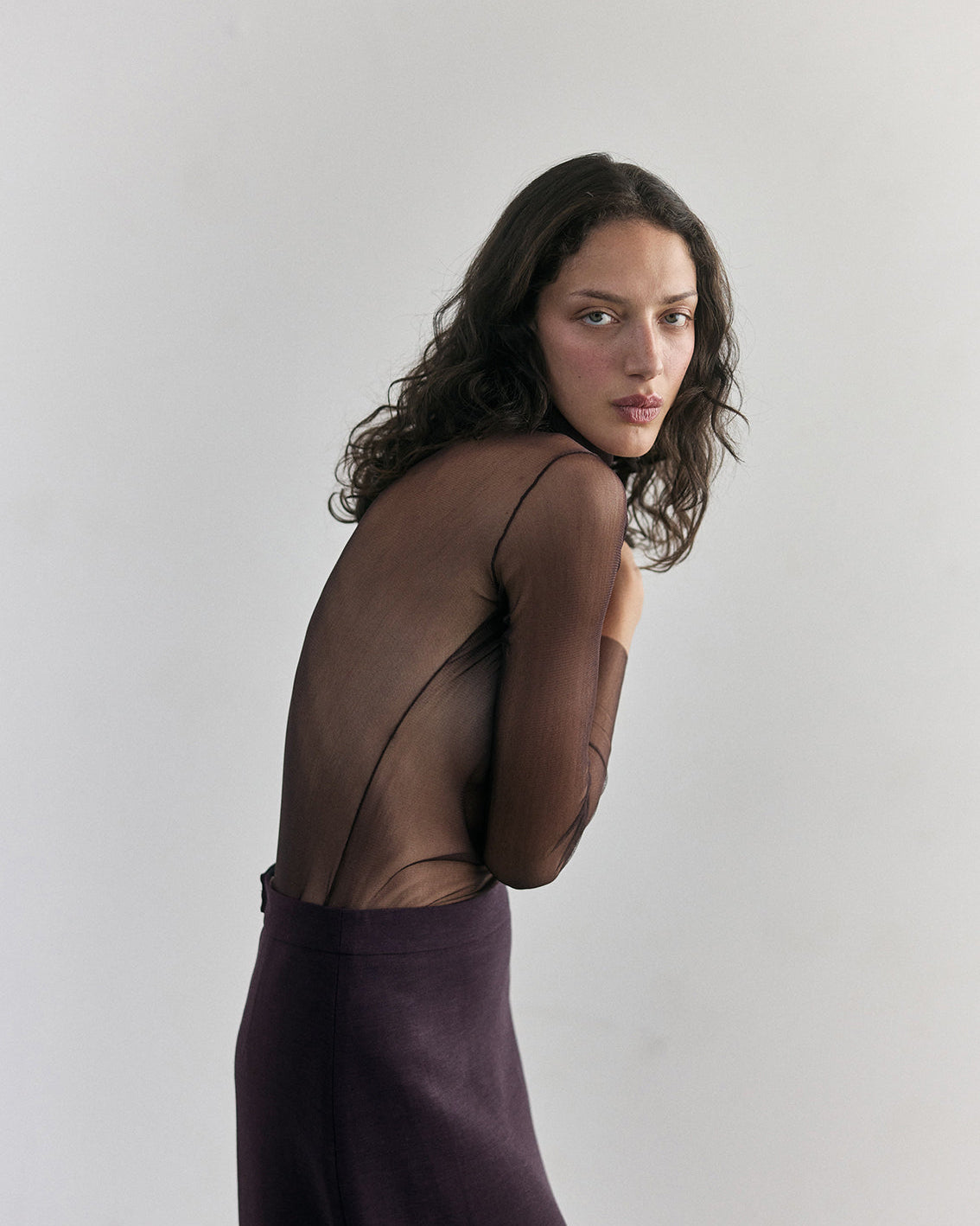 SISA Silk Tulle Beatle in Eggplant, three-quarter back view showing the sheer silk