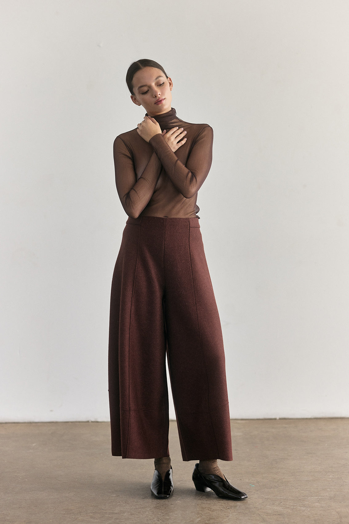 SISA Silk Tulle Beatle in Eggplant, full-length styled with wide-leg trousers