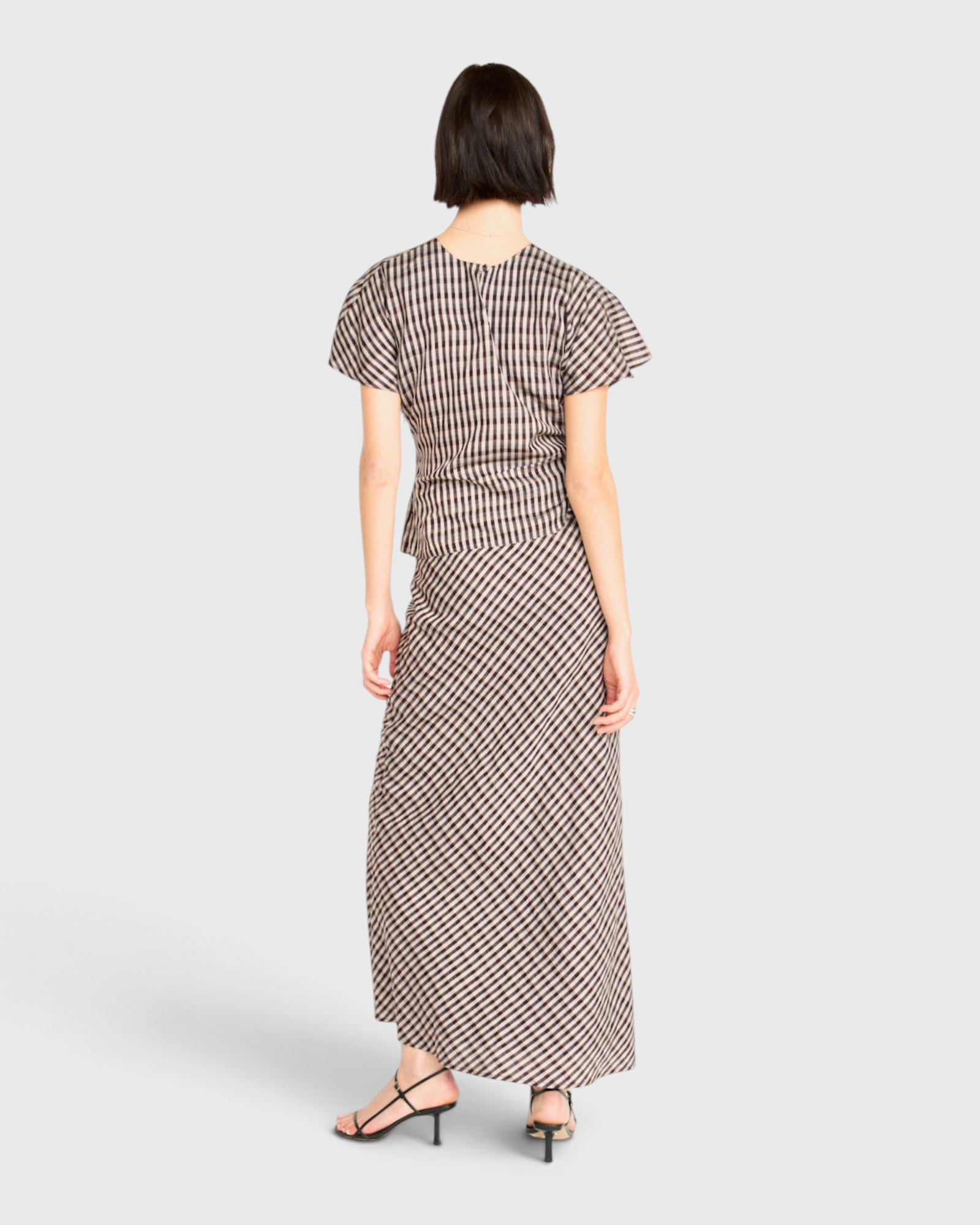 MIRTH Marais Silk Top in Shadowline Plaid — worn, back view
