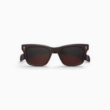 JONES + CO Hopkins cat-eye sunglasses in carob dark brown acetate with sepia lenses and gold temple hardware.