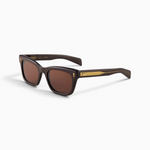 JONES + CO Hopkins rectangular cat-eye sunglasses in dark brown acetate with sepia lenses and gold temple hardware.