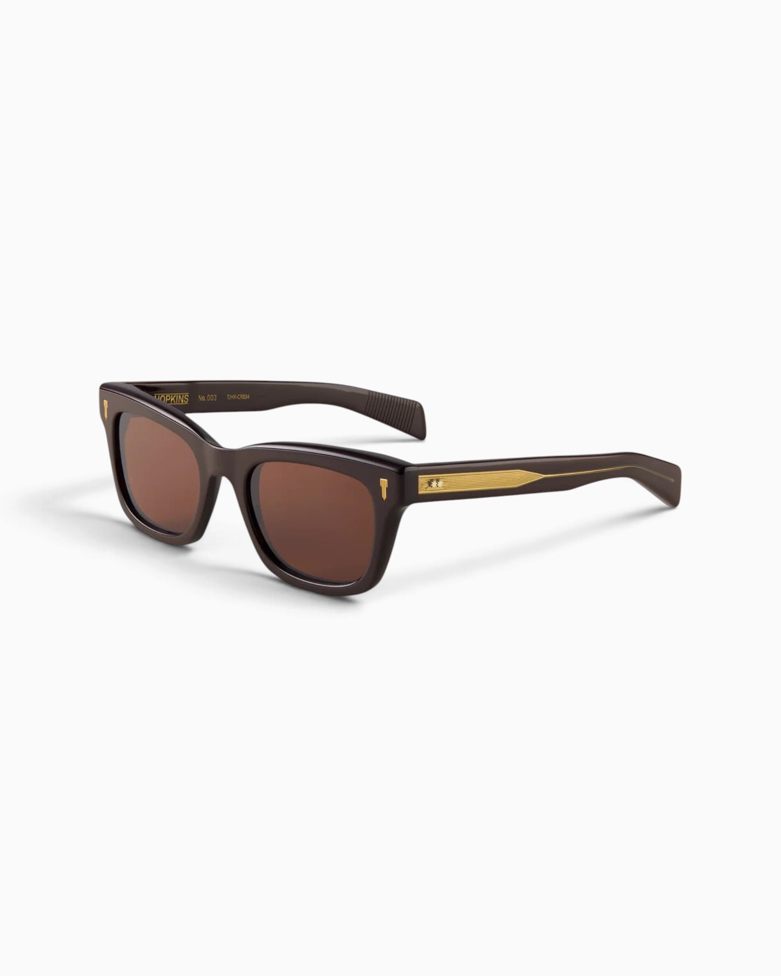 JONES + CO Hopkins rectangular cat-eye sunglasses in dark brown acetate with sepia lenses and gold temple hardware.