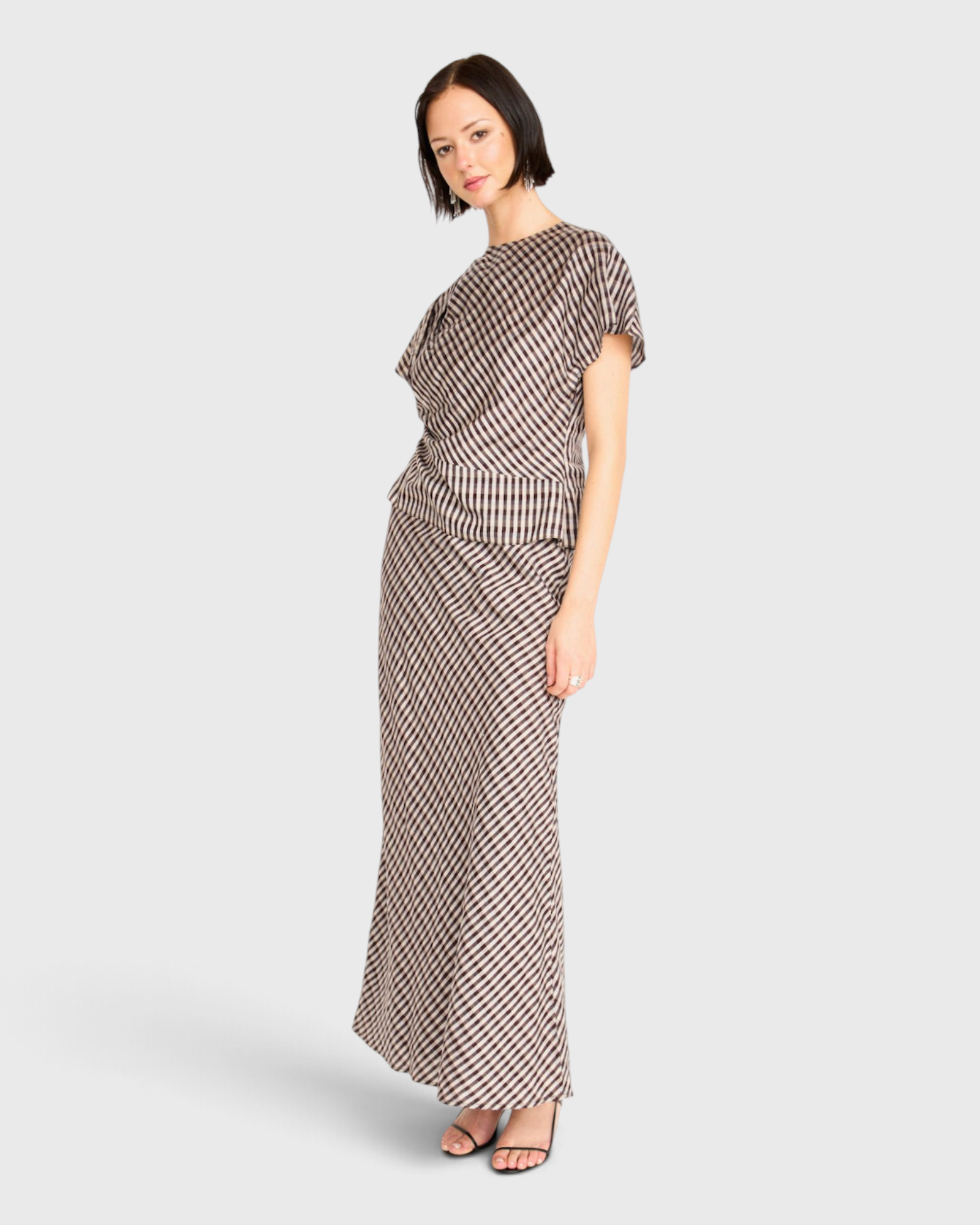 MIRTH Santander Silk Skirt in Shadowline Plaid — worn with the matching Marais top