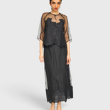 MIRTH Bari Organza Top in Black Waterlily — worn, full length