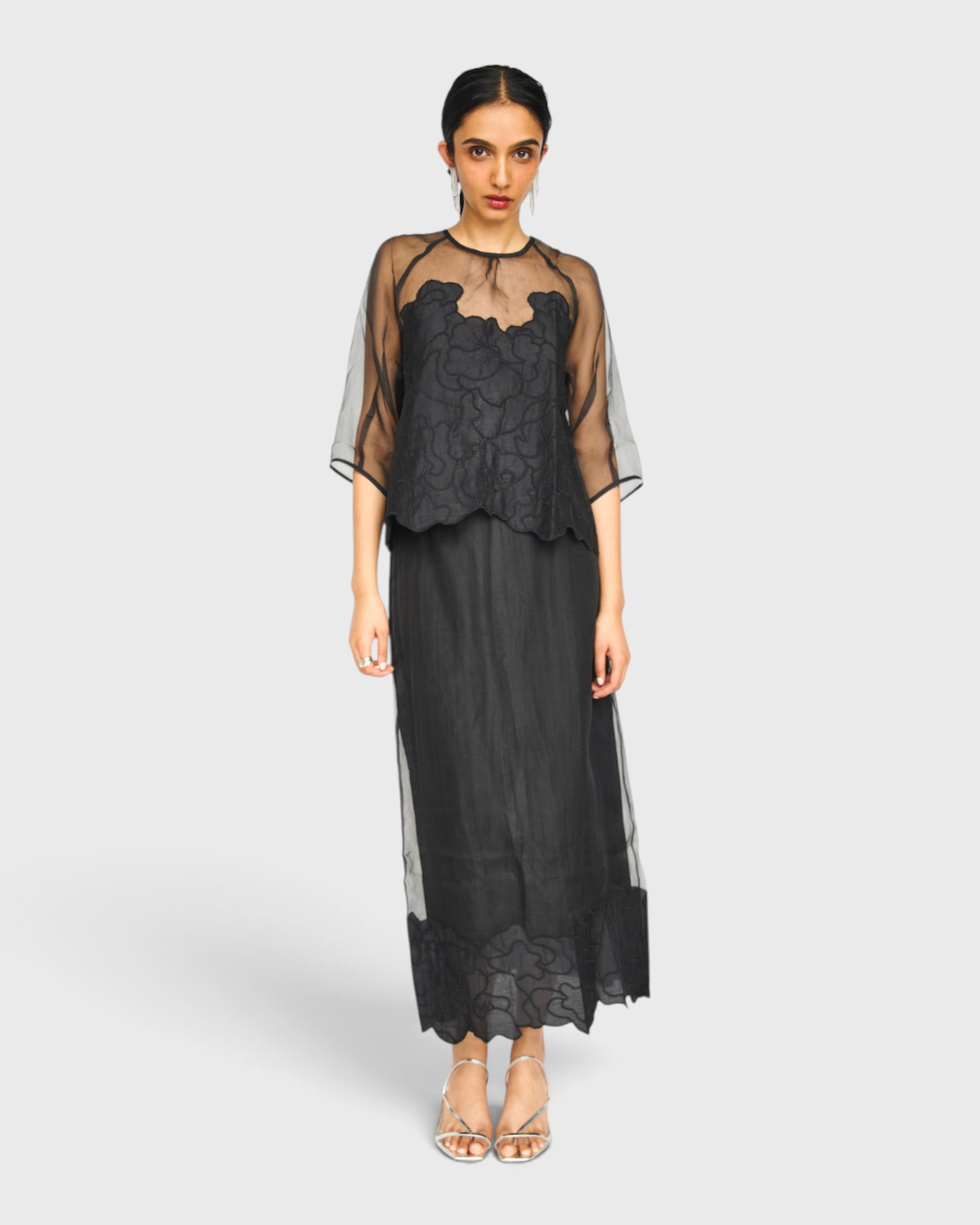MIRTH Bari Organza Top in Black Waterlily — worn, full length