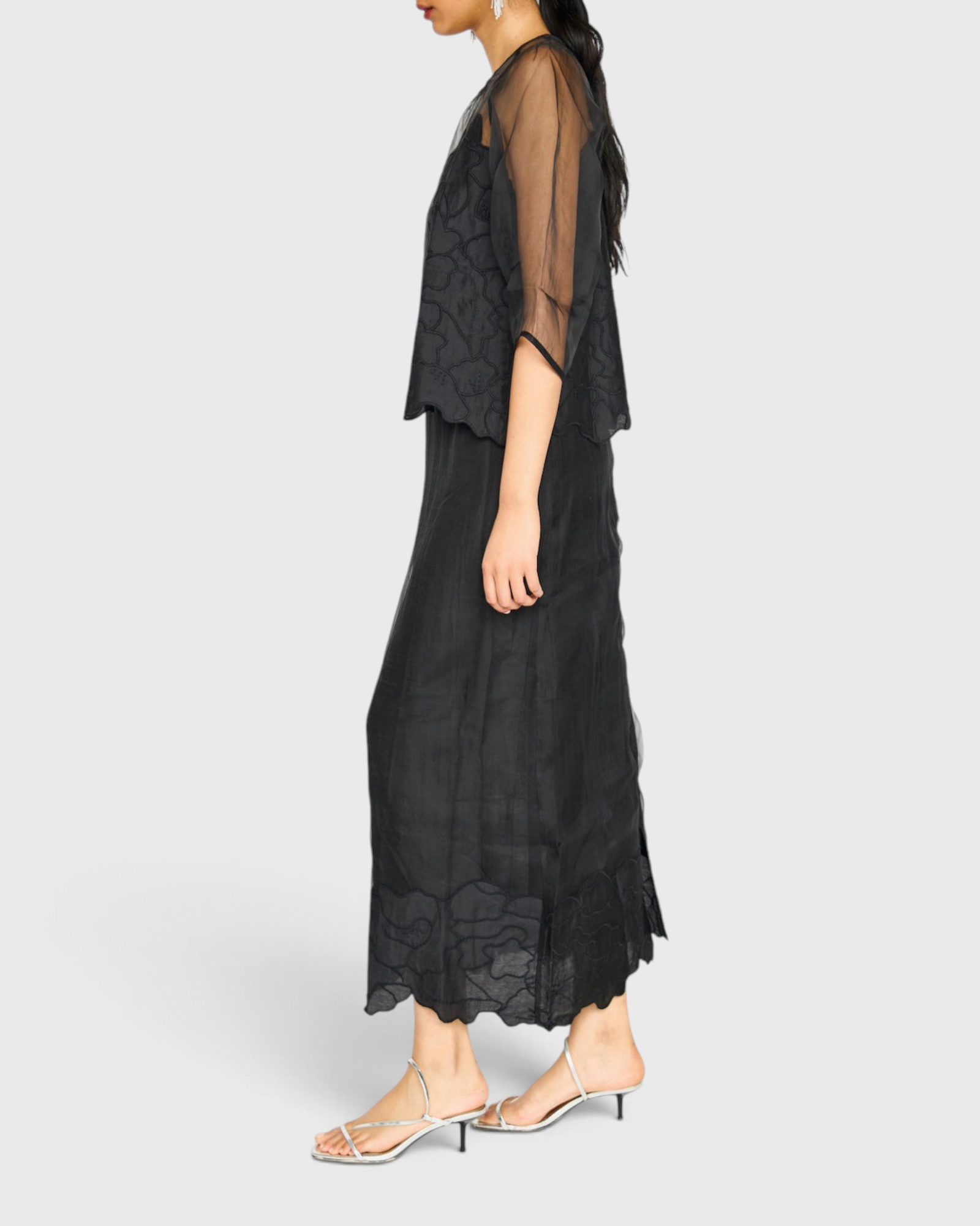 MIRTH Bari Organza Top in Black Waterlily — worn, side view