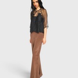 MIRTH Bari Organza Top in Black Waterlily — worn, three-quarter view