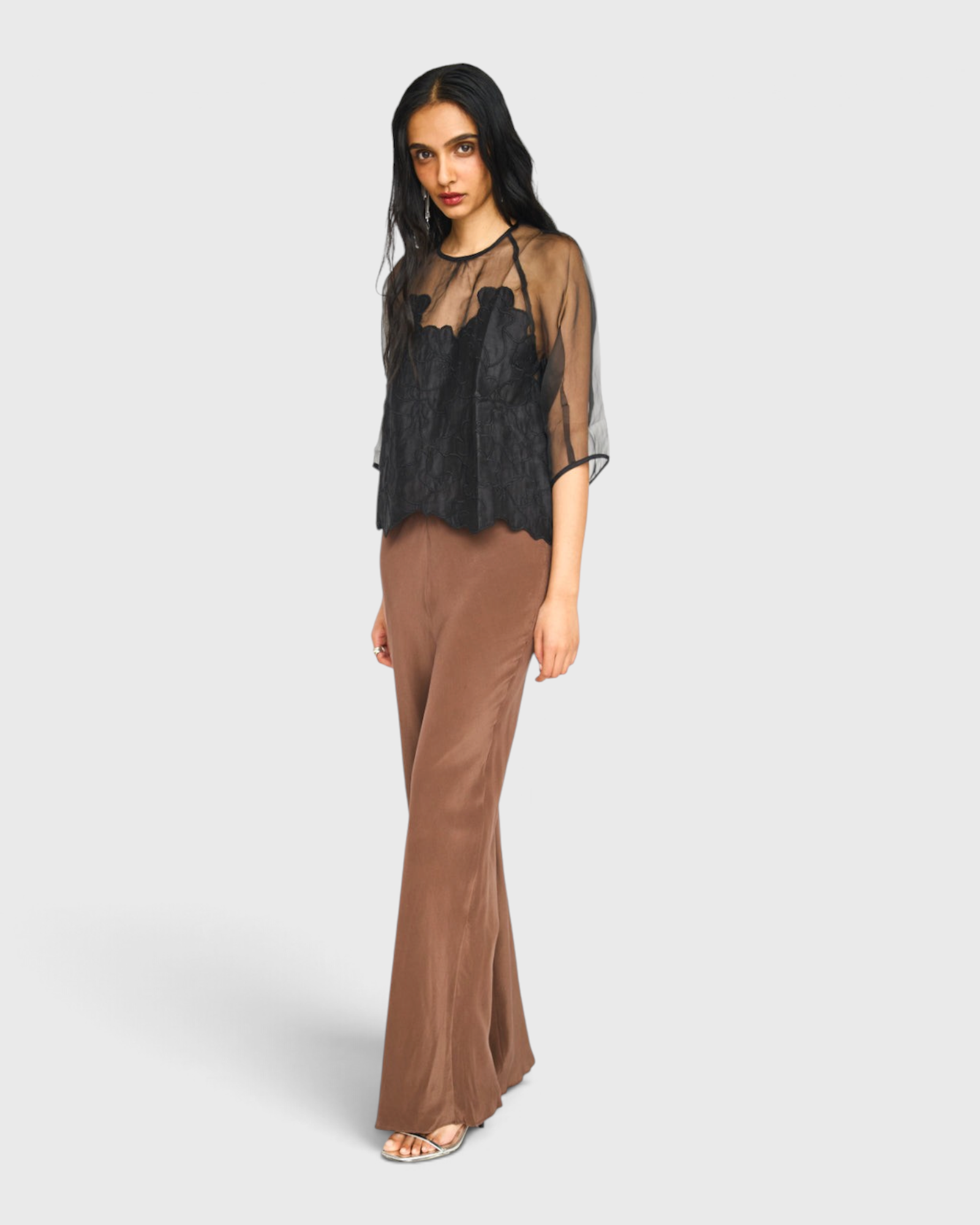 MIRTH Bari Organza Top in Black Waterlily — worn, three-quarter view