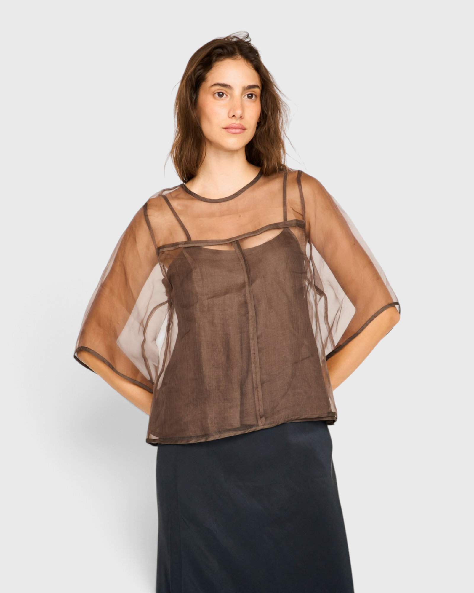 MIRTH Organza Field Top in Cocoa — worn, back view