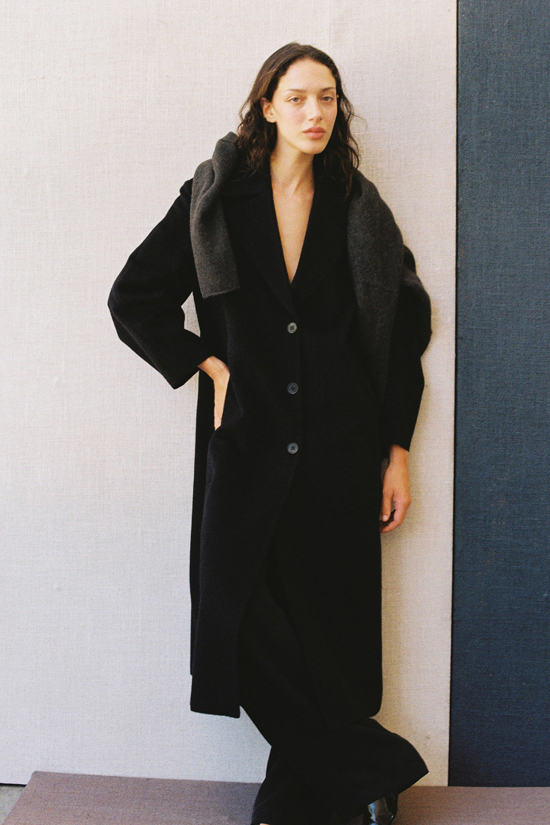 SISA Notch Collar Long Baby Alpaca Coat in Midnight