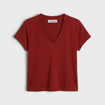 JONES + CO Alanis V-neck t-shirt in ruby red recycled cotton with short sleeves and a relaxed fit.
