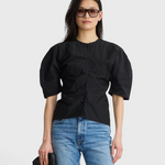 JONES + CO Noor black crew-neck button-front top with short puff sleeves in a cotton-viscose blend